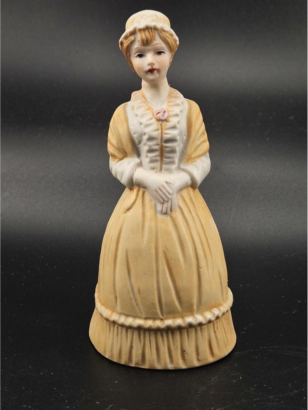 Vintage Kitsch Lady Figurine Bell Yellow Dress Shawl Bonnet Cottage Decor